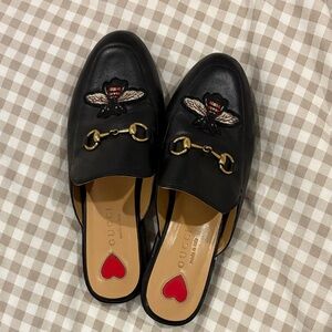 Black Leather Mules with Embroidered Bee
